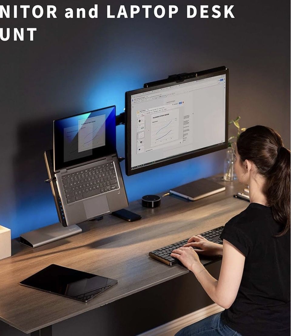 Laptop and monitor stand. Stand and lightly used 32" monitor for sale.