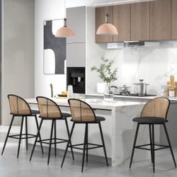 Bar Stools Set of 4 Rattan Swivel 29" Height Barstools for Kitchen Counter Island Mid Century Modern Boho Bar Stool Chairs with Metal Legs Woven Stool