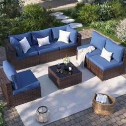 Assembled New Outdoor Patio Furniture Wicker Rattan Conversation Blue Cushion Brown Wicker Set