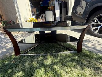 Media console, two glass shelves, with hidden electrical cord pass-through