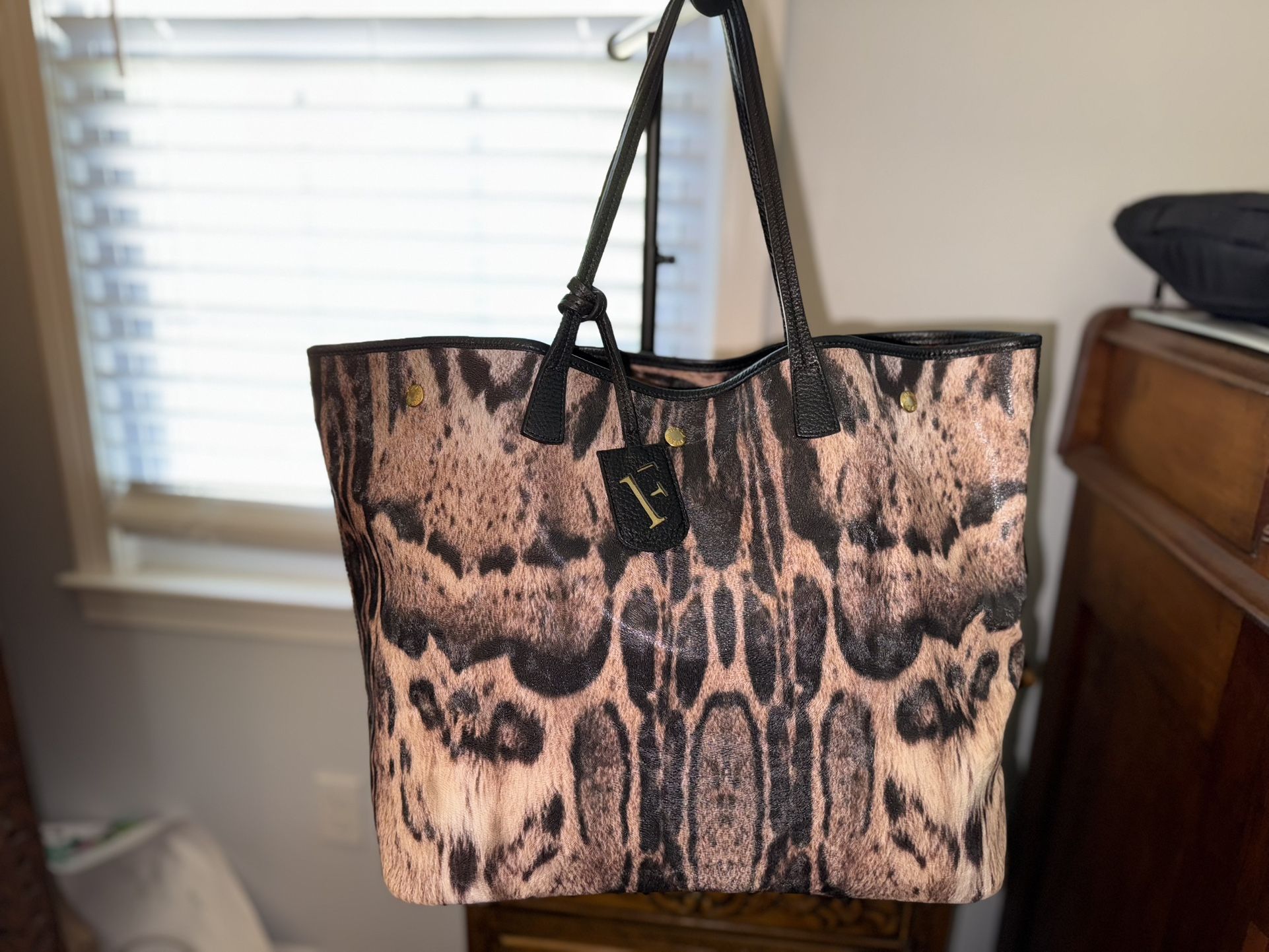 FURLA Animal Print Large Tote Shoulder Bag Tan Beige Black