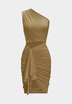 Gold One-Shoulder Ruched Bodycon Mini Dress