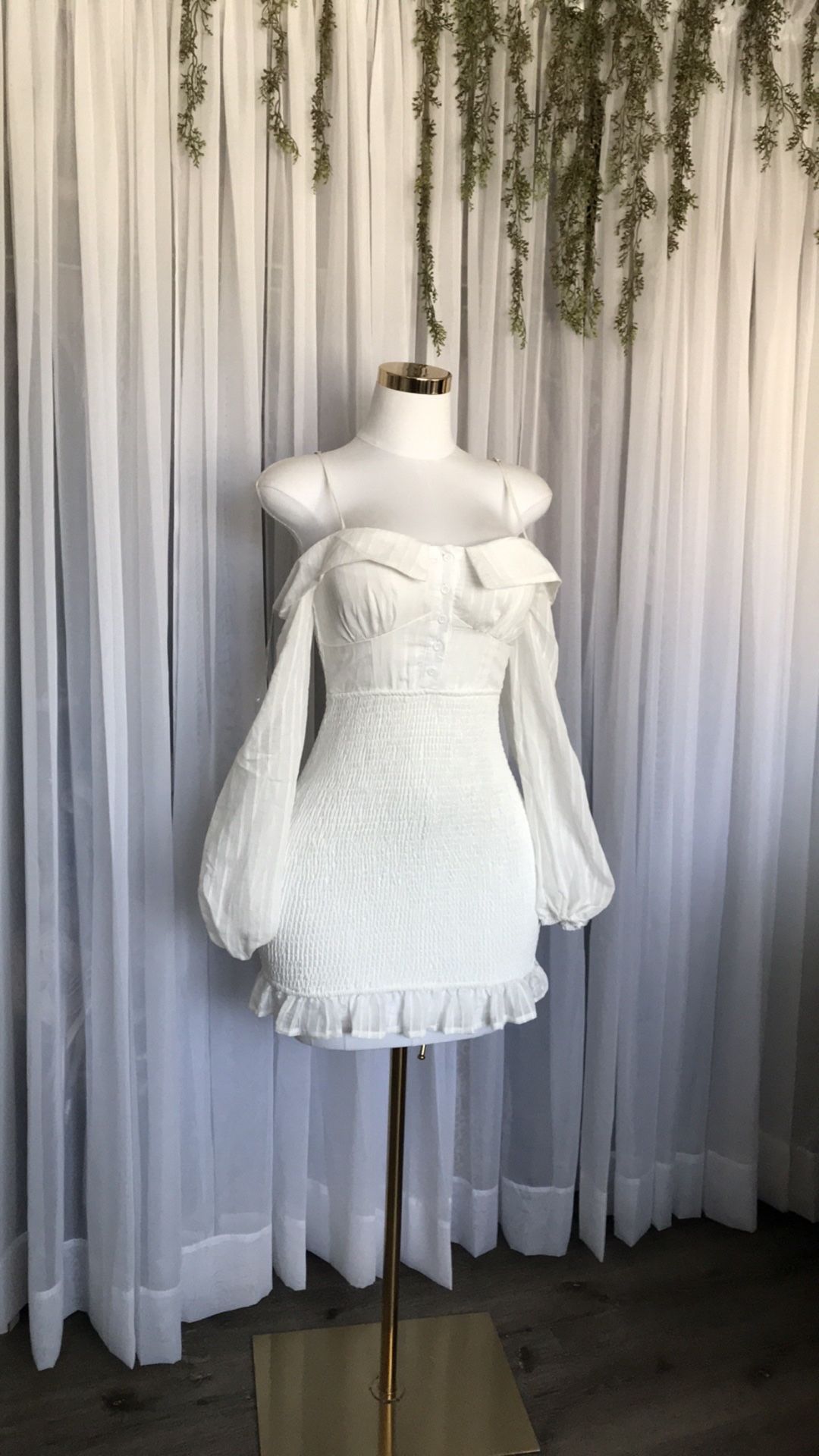 White Smocked Ruffle Trim Mini Dress Size S