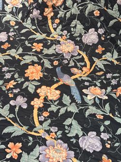 Black Teal and  Peach Bird of Paradise designer King headboard and heavy coverlet