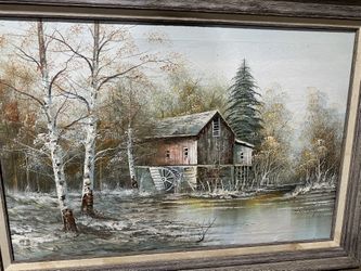 Oil Painting Cabin By The Lake Size 43 By 31.5 Inches (with A Frame)