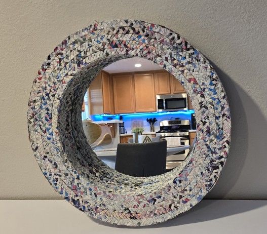Handmade Round Mirror with Recycled Magazine Frame – 22”
