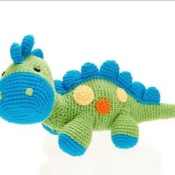 NEW! Pebble Steggy Dinosaur Rattle, 8.7", Cotton Yarn, Green Spotted