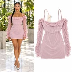 Oh Polly Pink Corset Mini Dress US 6 Sheer Ruffle Sleeve Off Shoulder NWT