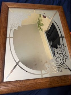 Vintage 70s Etched Glass Mirror Oak Wood Frame Picture Roses 23 1/2 X 19 1/2