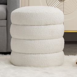 18” Ivory / White Boucle Round Storage Ottoman / Vanity Stool / Bench [NEW IN BOX] **Retails for $160 (3 Avail)