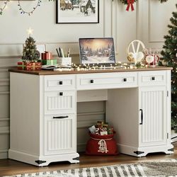 55” Farmhouse Office Desk with Power Outlet & Storage