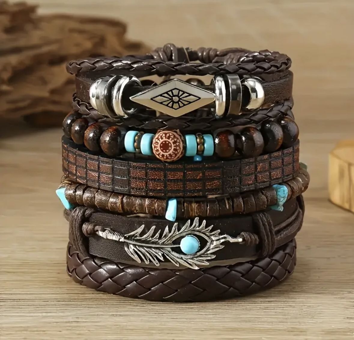 6 pcs Turquoise Beaded Cowboy Bracelet] 6 pcs Bohemian Vintage Western Cowboy Turquoise Beaded Bracelet Set, Multilayer Woven Faux Leather Bangle with
