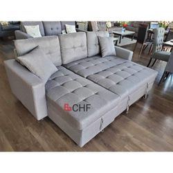 Polyester Fabric Upholstered Tufted Back Reversible Chaise Storage Sectional Sofa with Pull Out Bed and 2 Throw Pillows.