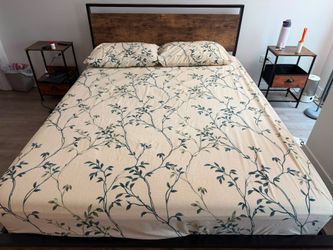 Queen bed frame, mattress, matching night stands