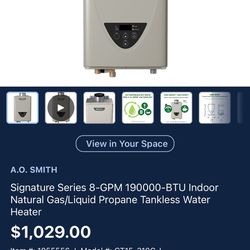 A.O SMITH Signature Series 8-GPM 190000-BTU Indoor Natural Gas/Liquid Propane Tankless Water Heater  
