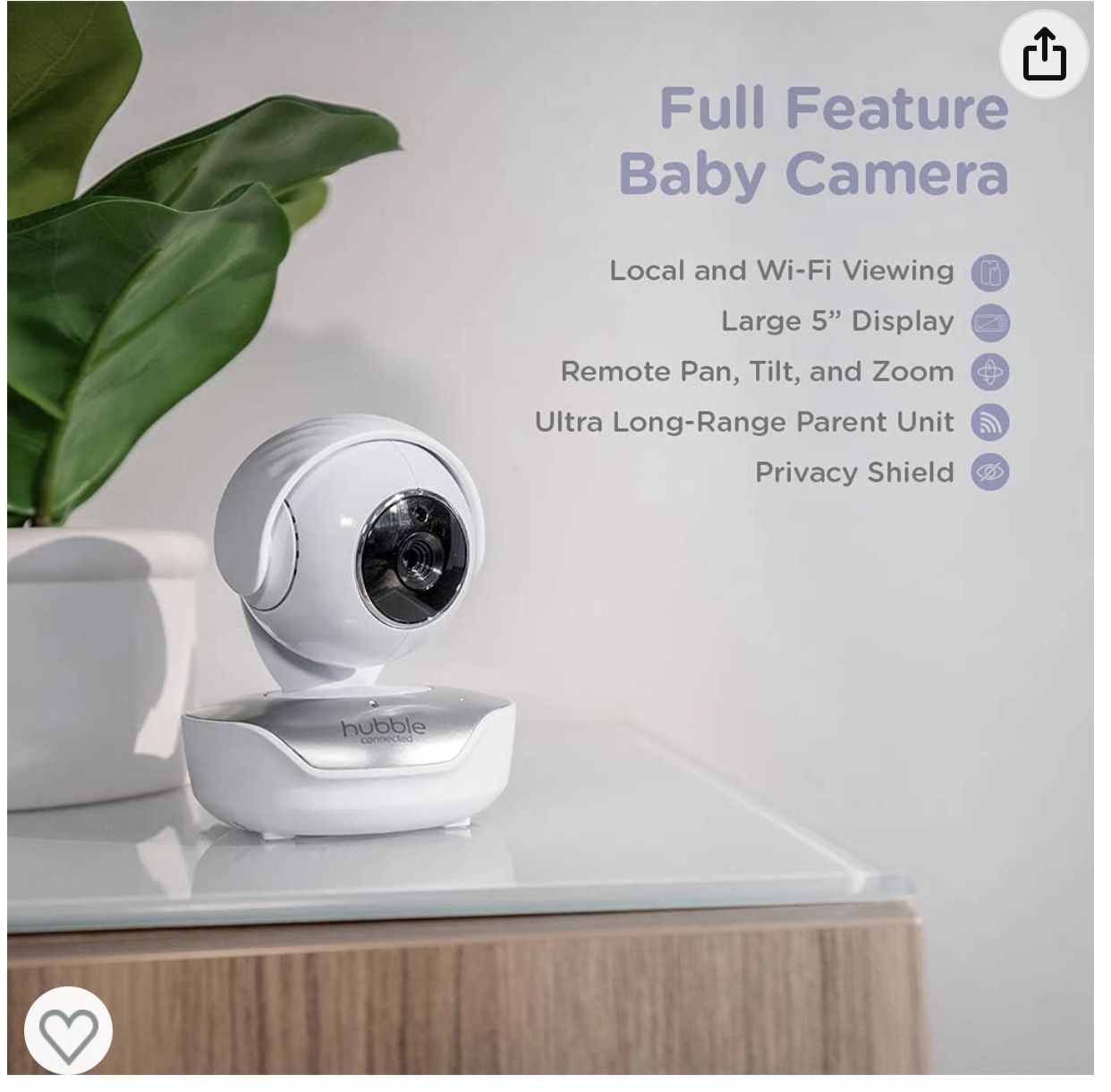Hubble Connect 5" Smart Baby Monitor with Camera and Audio, NightVision Smart Baby Camera Monitor; Pan Tilt Zoom; 2Way Talk & Room Temp Sensor, 1000ft