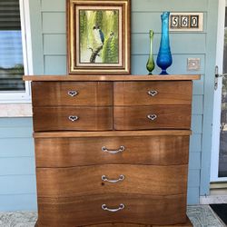 Vintage Mid Century Modern Tall Boy Solid Wood/ 7 Drawer Dresser