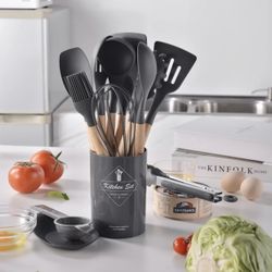 14 Pcs Silicone Cooking Kitchen Utensils Set With Holder, Wooden Handles  Non Toxic Silicone Turner Tongs Spatula Spoon Kitchen Gadgets Utensil Set Fo