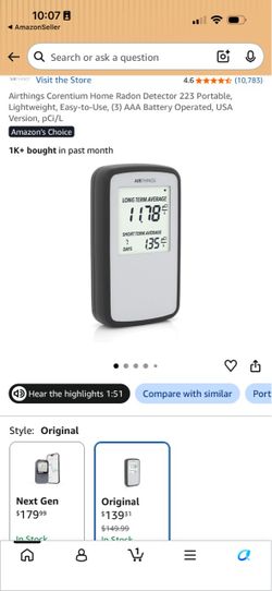 Airthings Corentium Home Radon Detector 223 Portable, Lightweight, Easy-to-Use, (3) AAA Battery Operated, USA Version, pCi/L