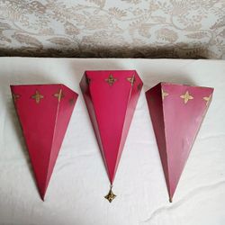 Set of 3 Red Wall Sconces – Metal Decorative Cones with Gold Accents