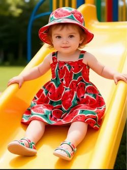 Watermelon Design Toddler Dress with Hat – Size 2–3T