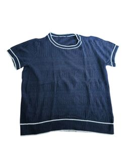 Navy Short-Sleeve Knit Sweater with White Trim