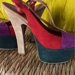 YSL 4” Heels Suede Color Block Tan Green Purple And Red. 
