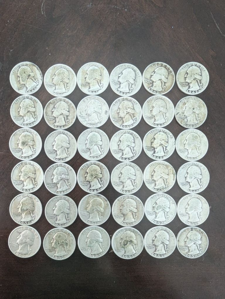 36 Washington Silver US Quarters (1940s And 1950s) 90% Silver Coins