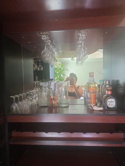 Dark Wood Home Bar Cabinet with Mirror