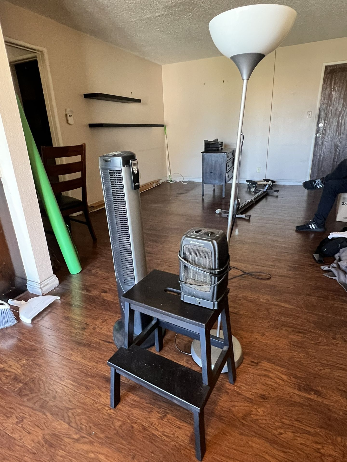 Stepping Stool, lamp, fan, heater, shelves