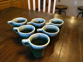 Vintage Hull Pottery Green Blue Drip Glaze Coffee Cups/Mugs…hard to find. MCM