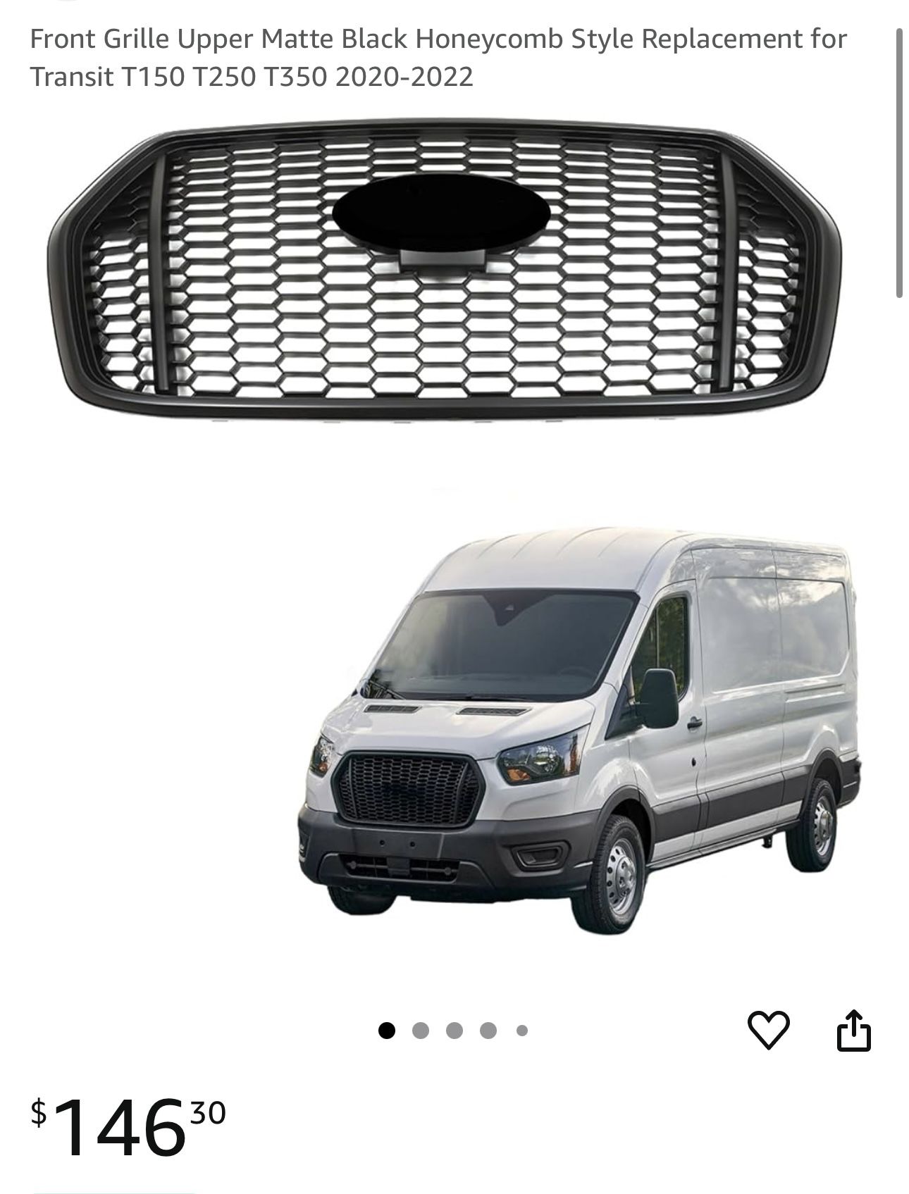 Front Grille Upper Matte Black Honeycomb Style Replacement for Transit T150 T250 T350 2020-2022