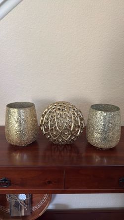 Modern 3-Piece Gold Glass Candle Holder & Decorative Orb Set