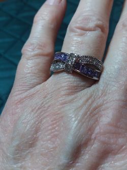 Size 9 Beautiful 925 Sterling Silver Bow Cross Ring With Purple And Clear Cubic Zirconias