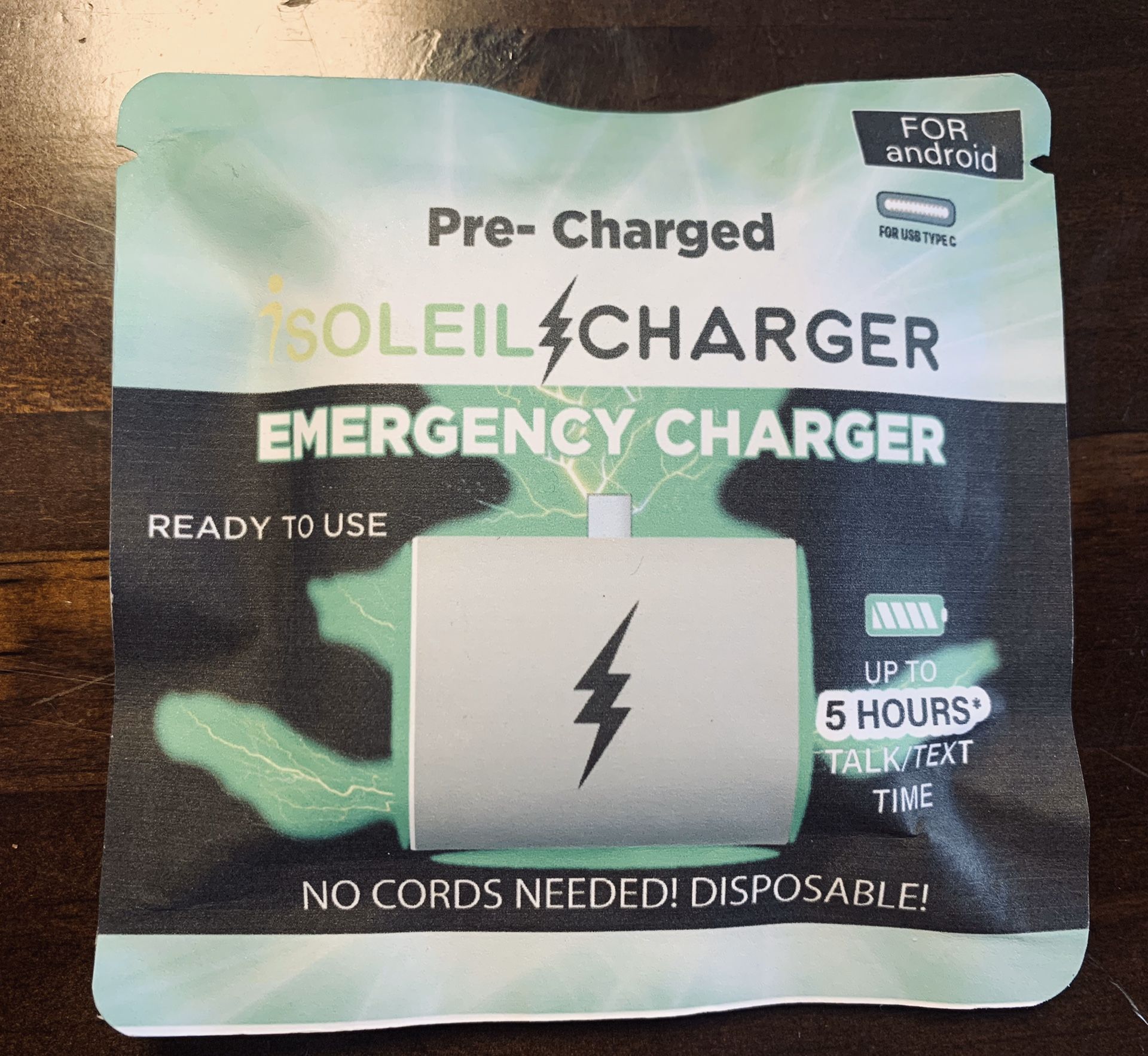 iSOLEIL Pre-charged Disposable Emergency Charger (iPhone & Android)