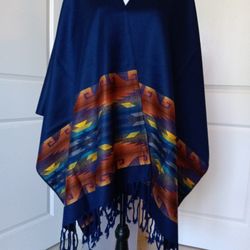 Artisanal Unisex Poncho,  Reversible Dark Blue, Black, Handmade In Ecuador 