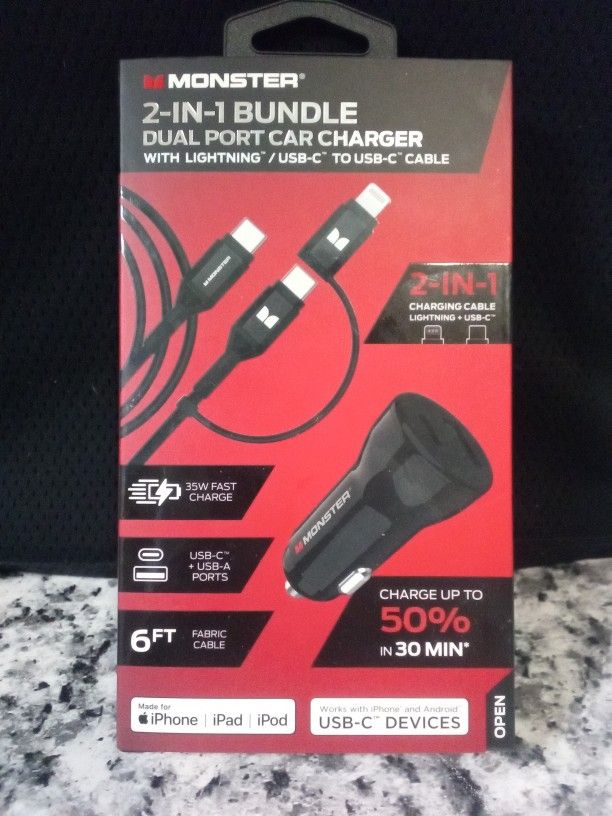 Monster 2-In-1 Bundle Dual Port Car Charger
