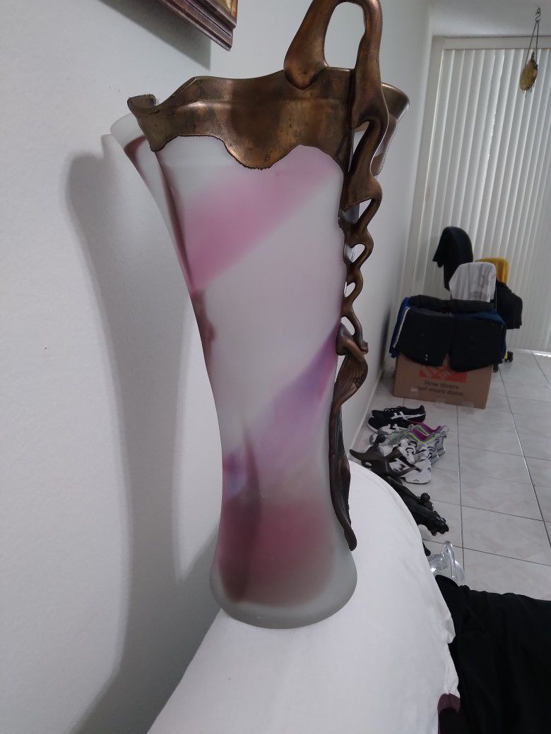 Filip Vogelpohl Art Glass Studio Art Pink Vase Bronze/copper Overlay