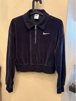 Nike Sportswear Black Velour 1/4 Zip Cropped Top with White Swoosh Logo Size XS