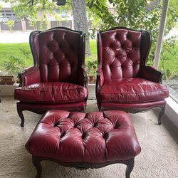 Pair Of Vintage Tufted Wingback Chairs And Ottoman 