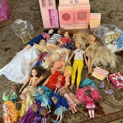 lot of barbie dolls accessories and chinese dolls washing machine barbie service and display case