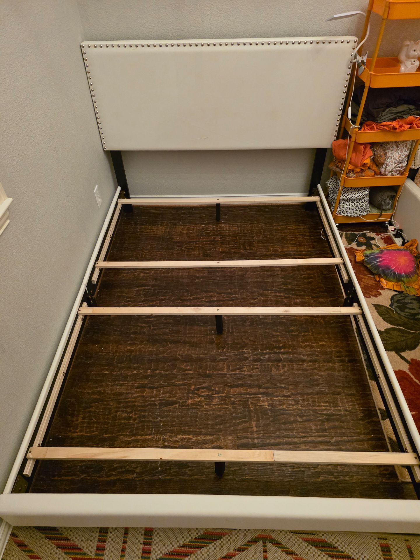 Full size white headboard and bed frame