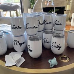 stainless steel wine tumblers, white and pink with plastic lid - enough for wedding, marketing, etc