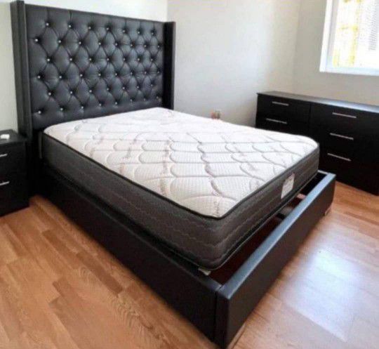 QUEEN Size Bed Frame With Mattress New LEATHER Headboard Tuffted BED Frame MATTRESS INCLUDED 