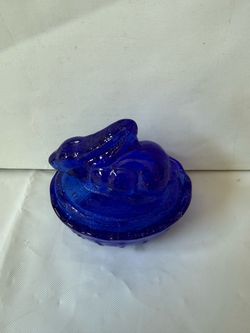 Vintage Cobalt Blue Glass Mini “Rabbit on Nest” Trinket Dish with Lid