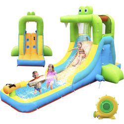 Inflatable Water Slide - Crocodile Theme Bounce House Water Park with Blower, Climbing Wall, Splash Pool, Water Cannon, Blow up Toddler Waterslide for