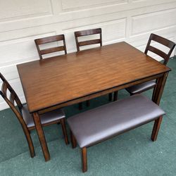 6-PC SLEEK BROWN FINISH DINING SET (TABLE, LARGE BENCH AND 4 PADDED CHAIRS)