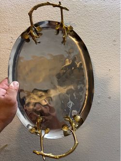 Zodax Azalea Stainless Steel Oval Serving Tray with Gold Branch Handle