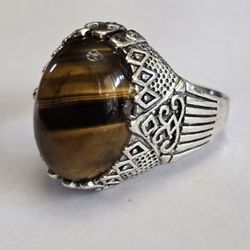  NATURAL TIGER EYE QUALITY TITANIUM  EMBOSSED SILVER NEW SIZE 11 MENS RINGS