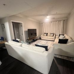 West Elm Living Room And Dining Table Set And 75in TV With Wooden Stand And Rug